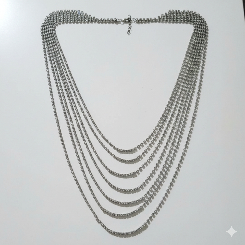 Rhinestone 24-34" Necklace Vintage Glass Statement Opera Length Layered Silver - Picture 8 of 9